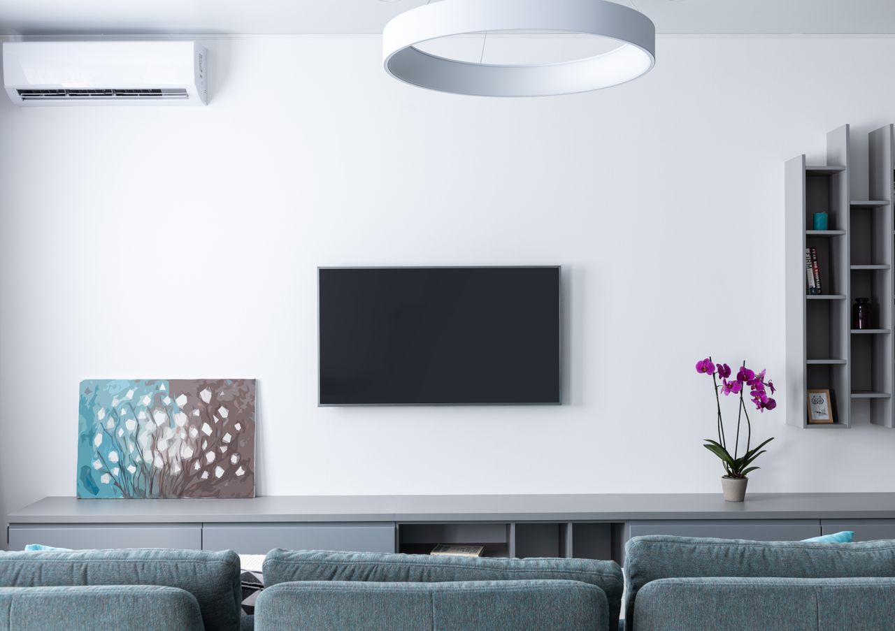 Services Contemporary living room decorated with purple flowers and rectangular shaped shelves handing on wall